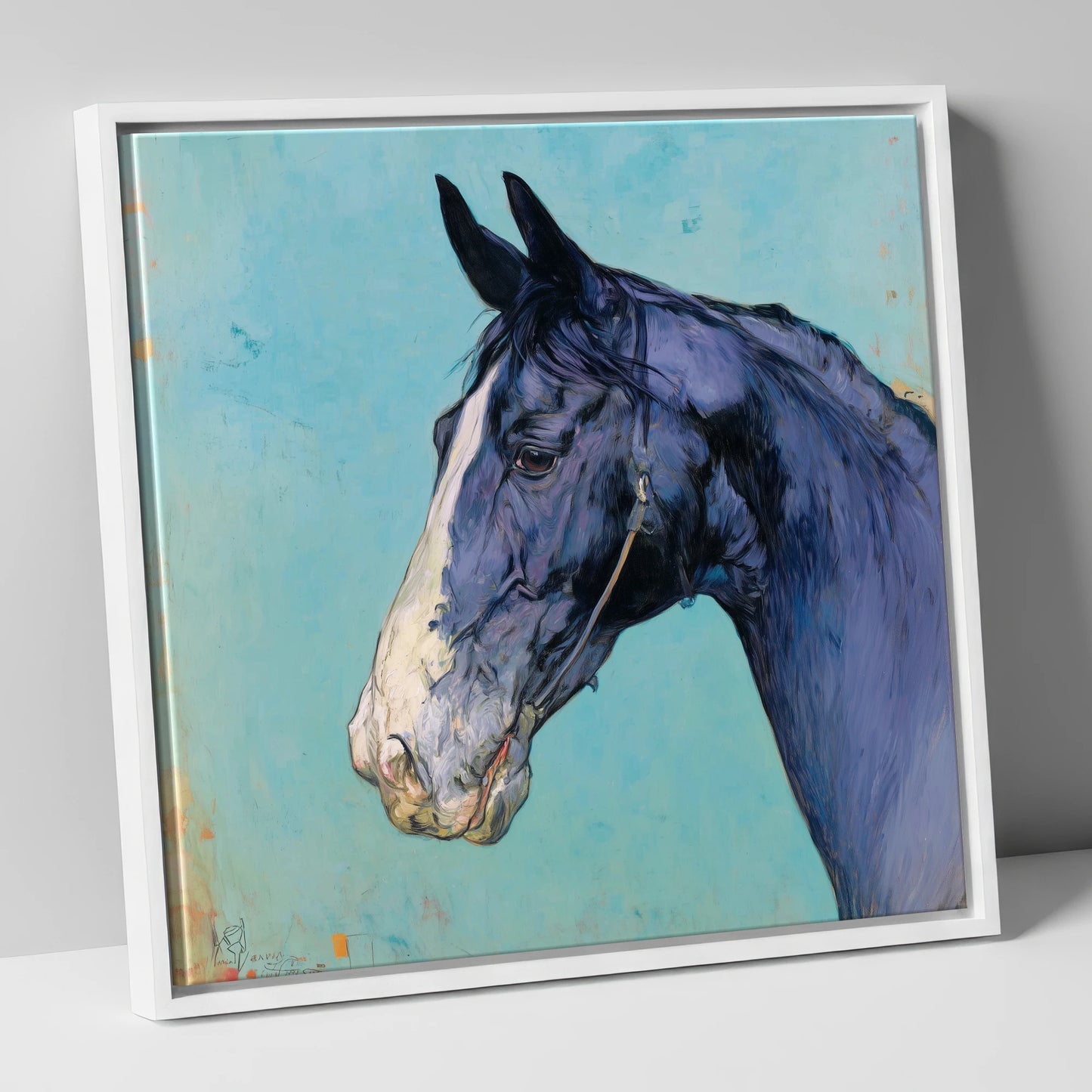 Azure Equine Profile horse portrait canvas wall art in white frame
