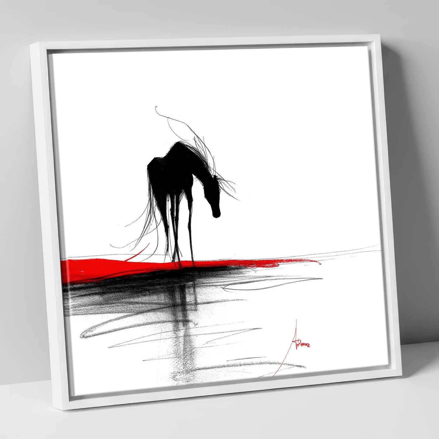 Crimson Horizon Silhouette horse portrait canvas wall art in white frame