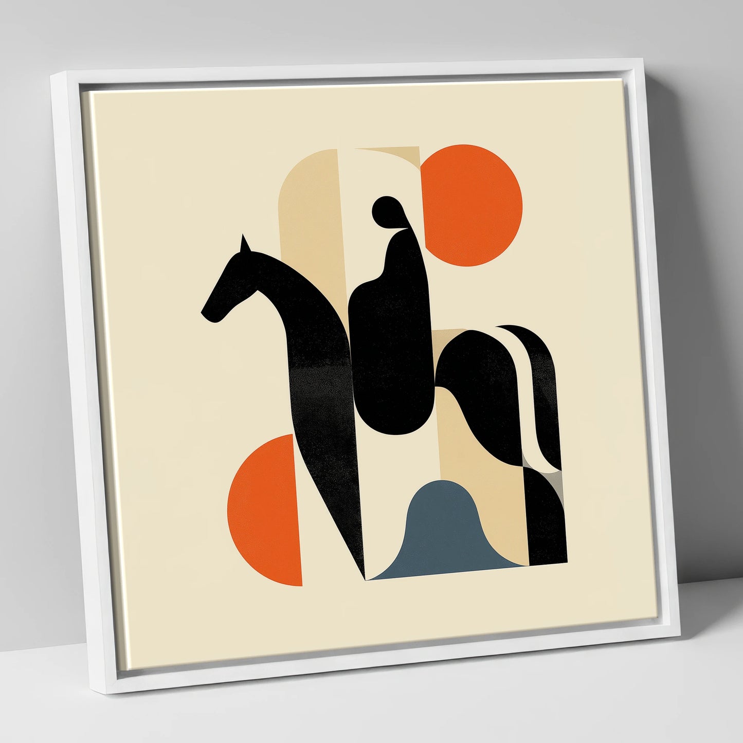 Mid-Century Silhouette horse & rider canvas wall art in white frame