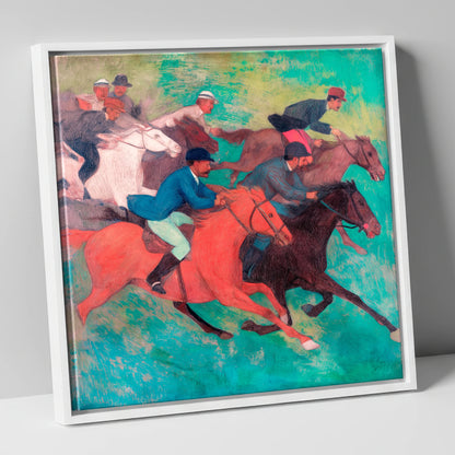 The Crimson Stride racing horse canvas wall art in white frame