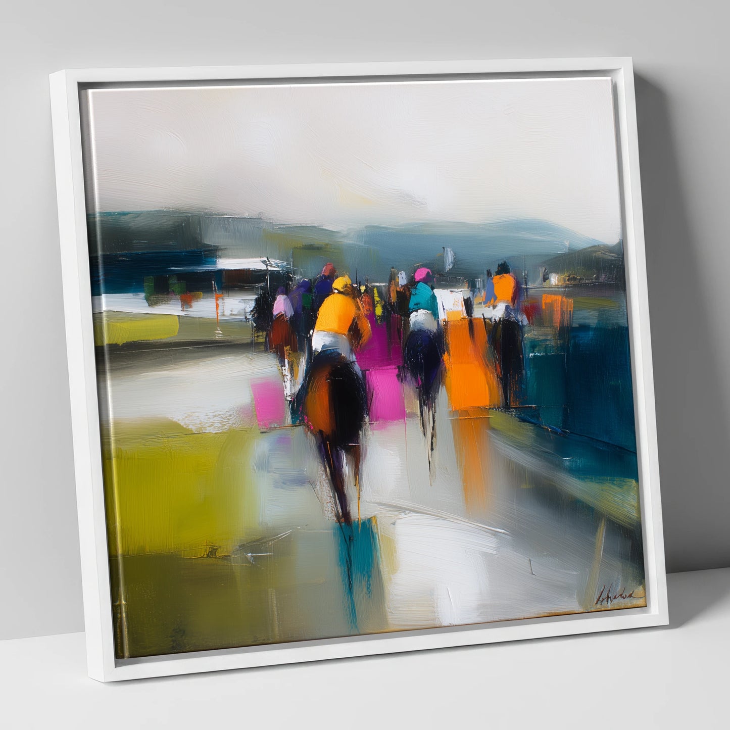 Colours on the Turf racing horse canvas wall art in white frame