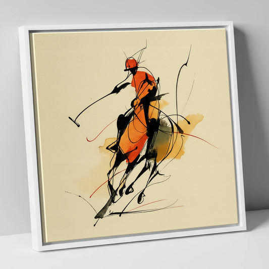 The Decisive Strike polo horse canvas wall art in white frame