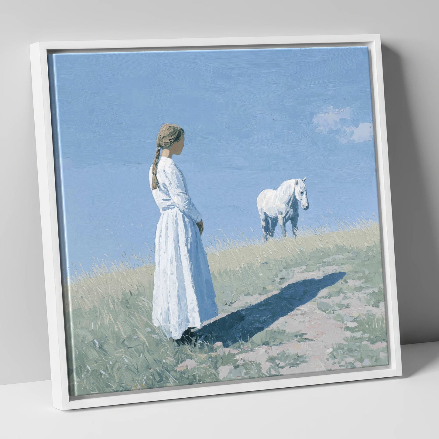 The Quiet Companion horse & rider canvas wall art in white frame