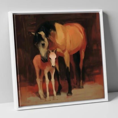 The Nurturing Bond mare & foal canvas wall art in white frame