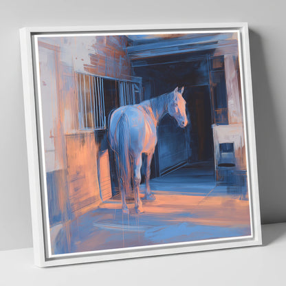 Quiet Light in the Yard horse stable canvas wall art in white frame