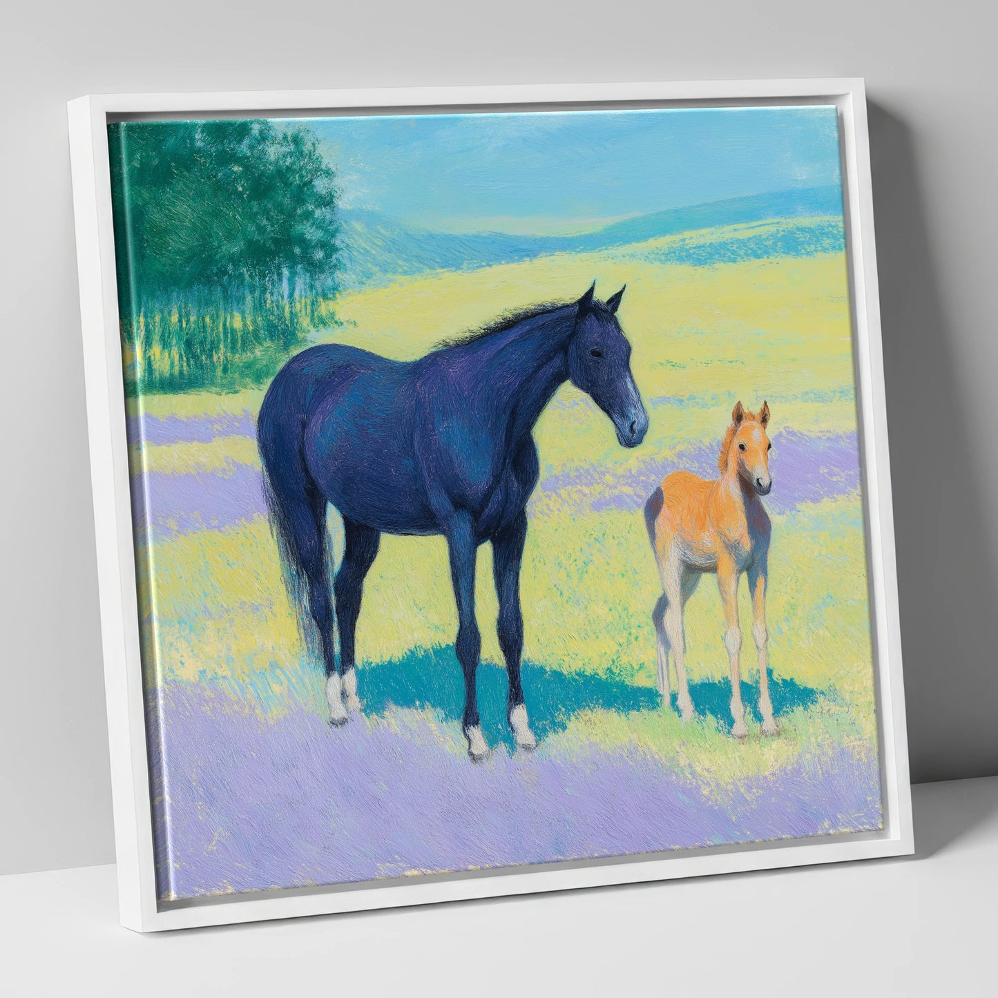Lavender Meadow Bond mare & foal canvas wall art in white frame