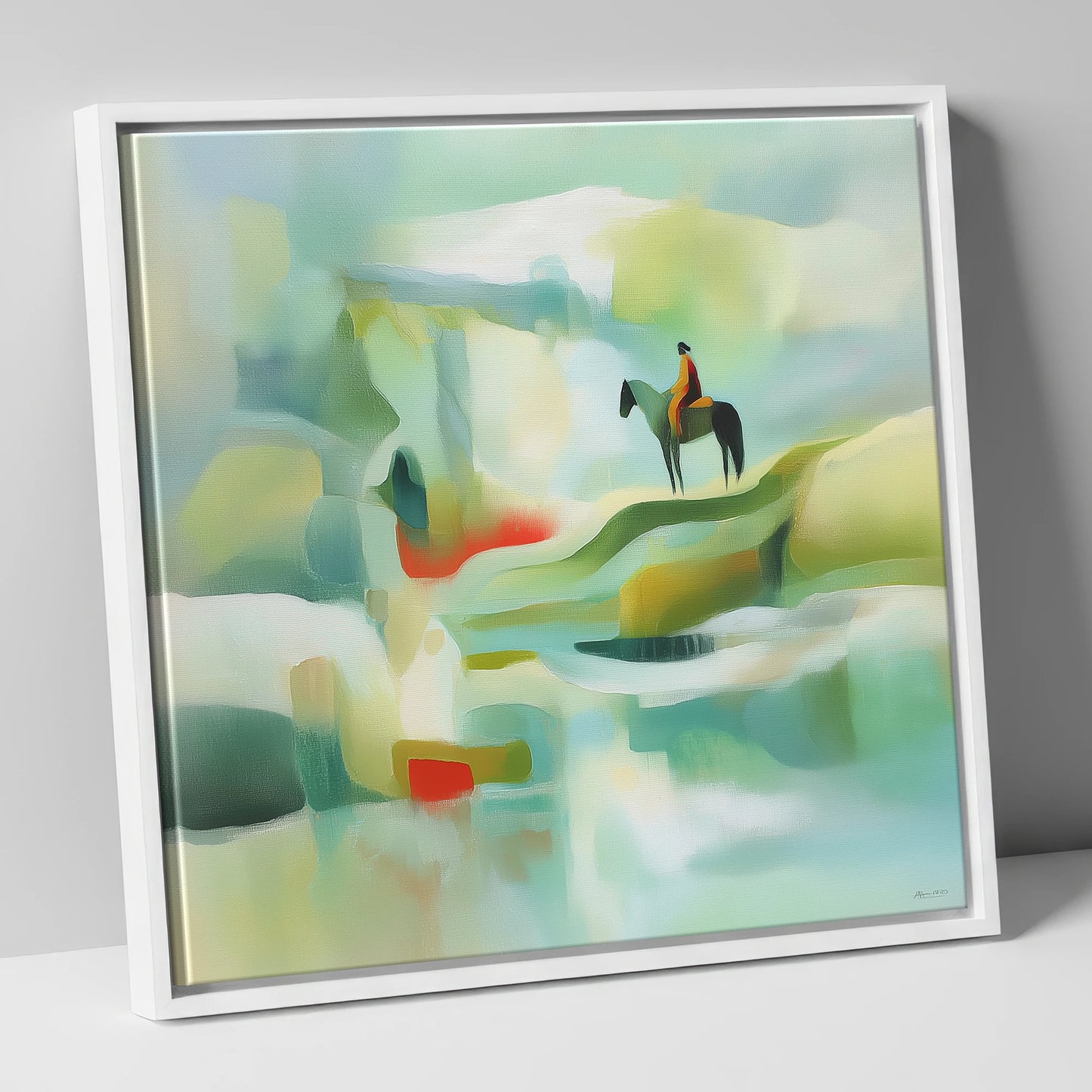 Serene Coastal Vantage beach horse canvas wall art in white frame