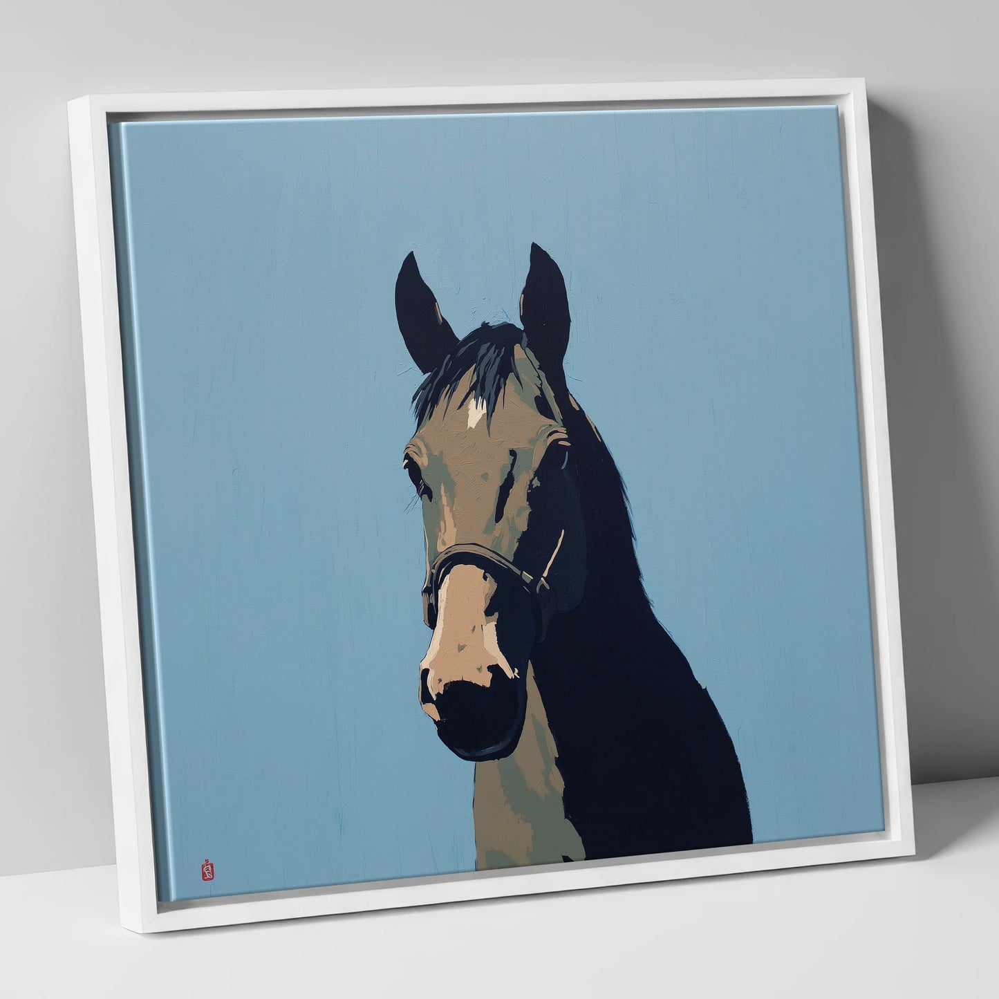 Cerulean Shadow Portrait horse portrait canvas wall art in white frame