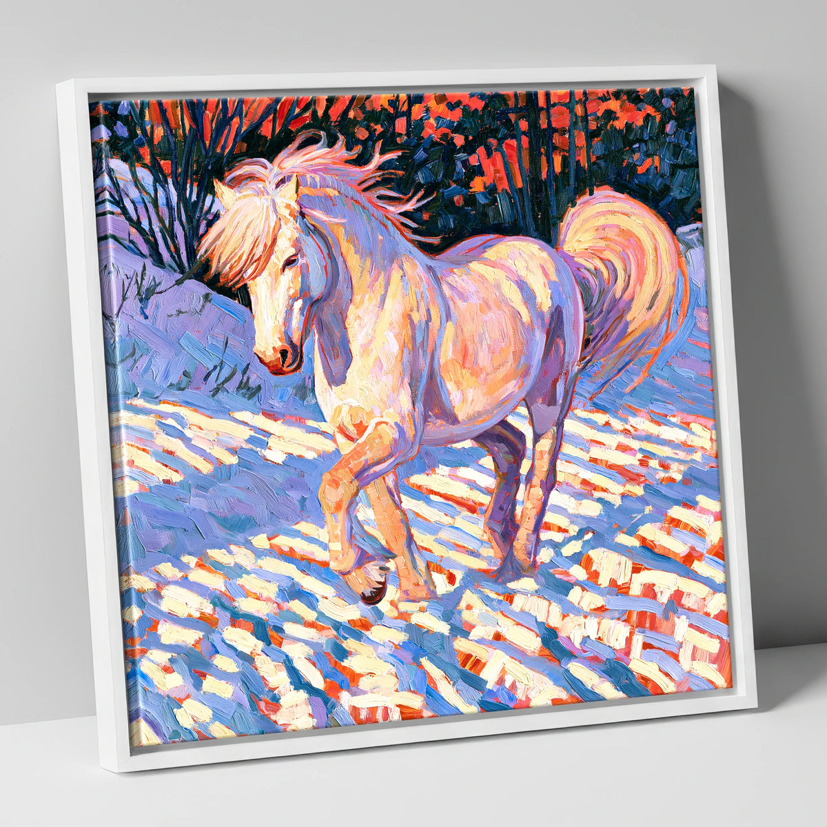 Vibrant Winter Horse in Snow horse breed canvas wall art in white frame