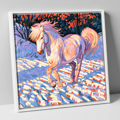 Vibrant Winter Horse in Snow horse breed canvas wall art in white frame