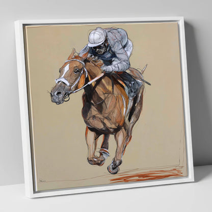 Driving Finish racing horse canvas wall art in white frame