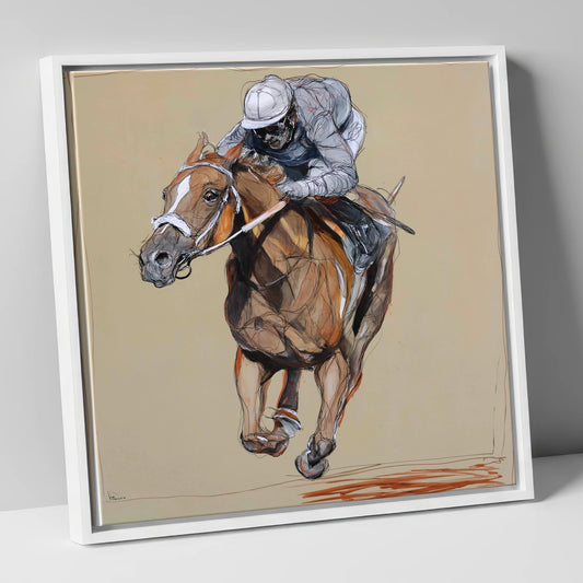 Driving Finish racing horse canvas wall art in white frame