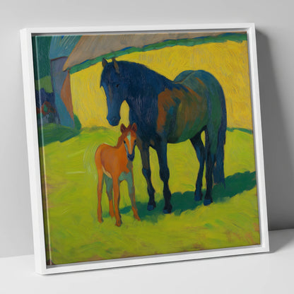Radiant Pasture Bond mare & foal canvas wall art in white frame