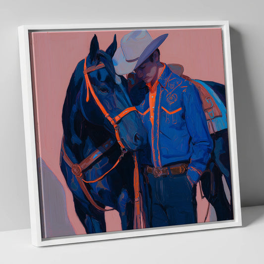 Electric Indigo Bond western horse canvas wall art in white frame