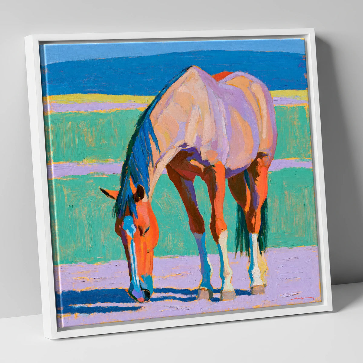 Colourful Grazing Horse horse breed canvas wall art in white frame