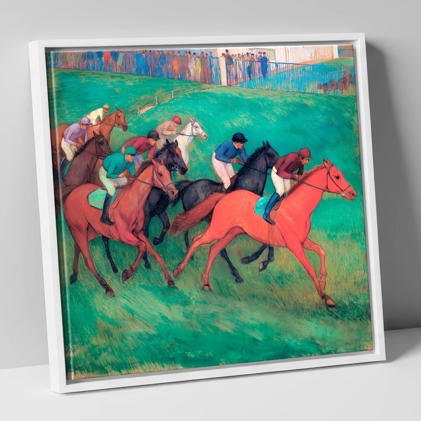 The Crimson Gallop racing horse canvas wall art in white frame