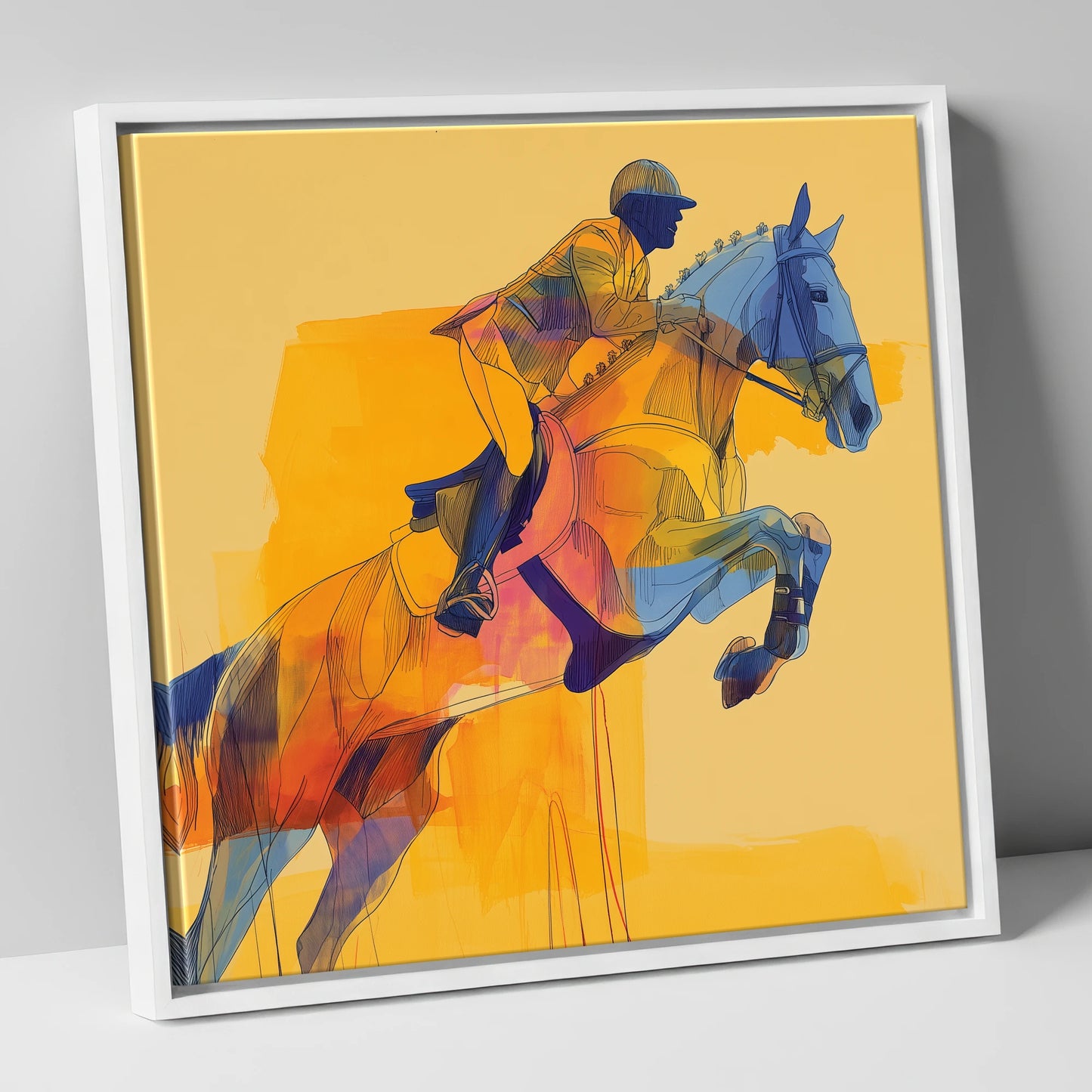 Vibrant Showjumping Flight show jumping horse canvas wall art in white frame