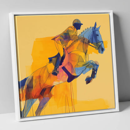 Vibrant Showjumping Flight show jumping horse canvas wall art in white frame