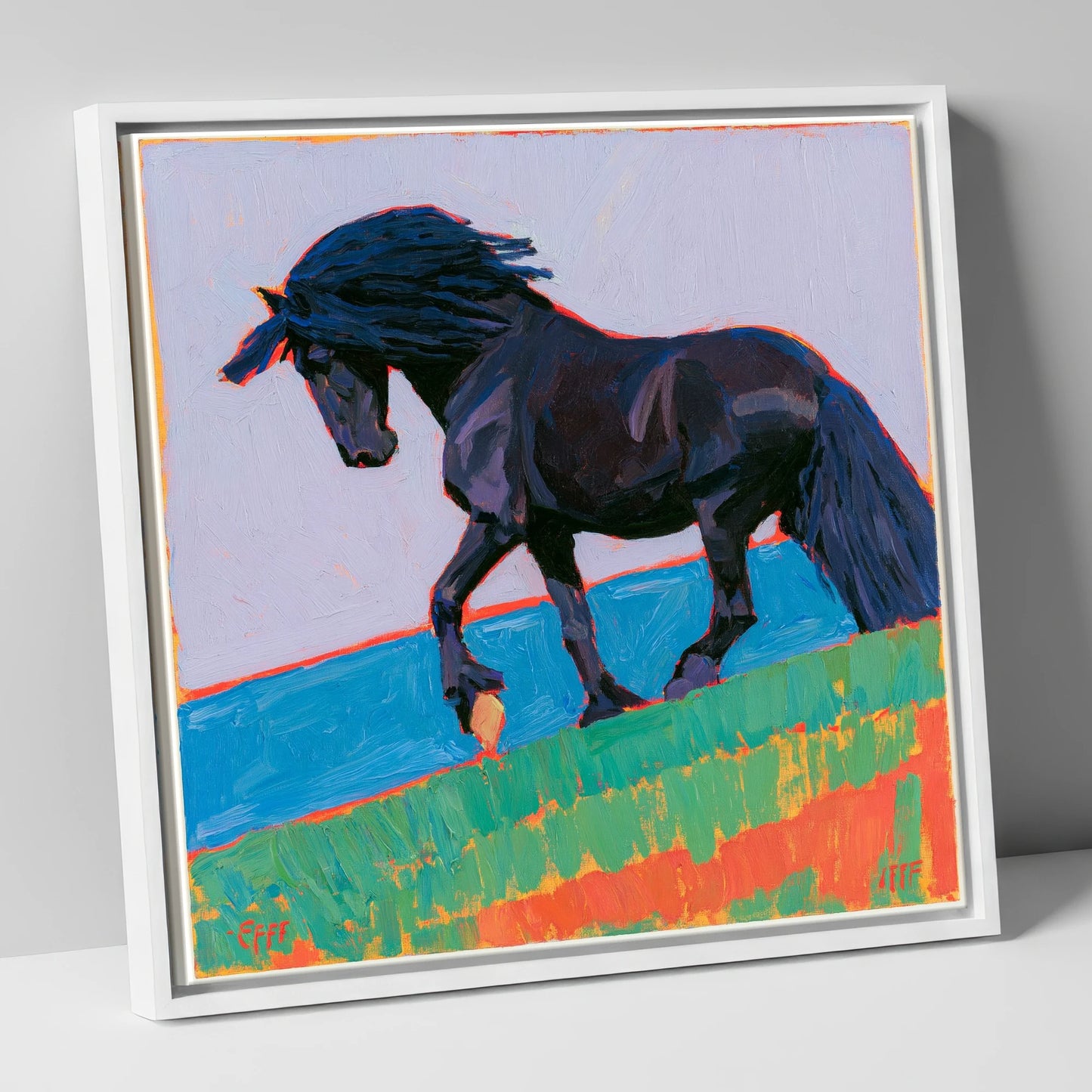 Black Friesian in Bold Landscape horse breed canvas wall art in white frame