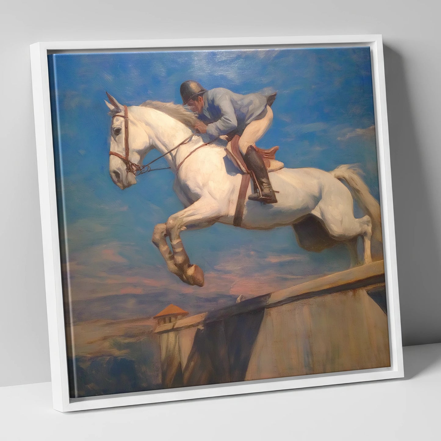 Flight Over the Wall show jumping horse canvas wall art in white frame