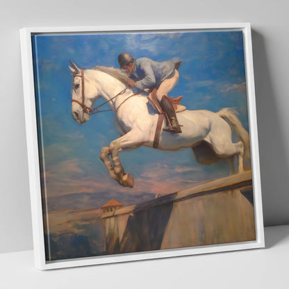 Flight Over the Wall show jumping horse canvas wall art in white frame