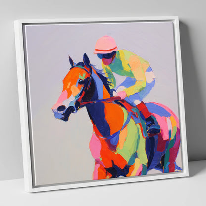 Technicolour Gallop racing horse canvas wall art in white frame