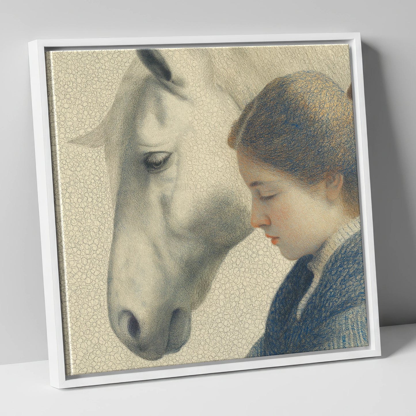 Gentle Reflections horse & rider canvas wall art in white frame