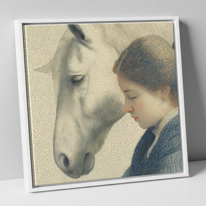 Gentle Reflections horse & rider canvas wall art in white frame