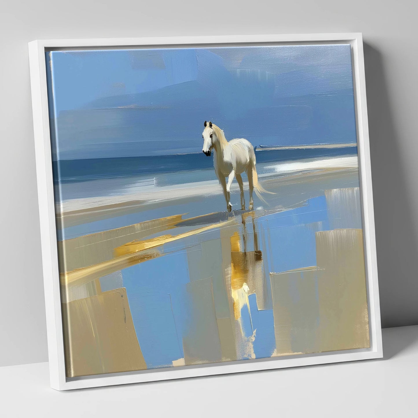 Coastal Reflection horse landscape canvas wall art in white frame