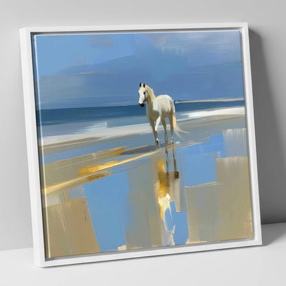 Coastal Reflection horse landscape canvas wall art in white frame