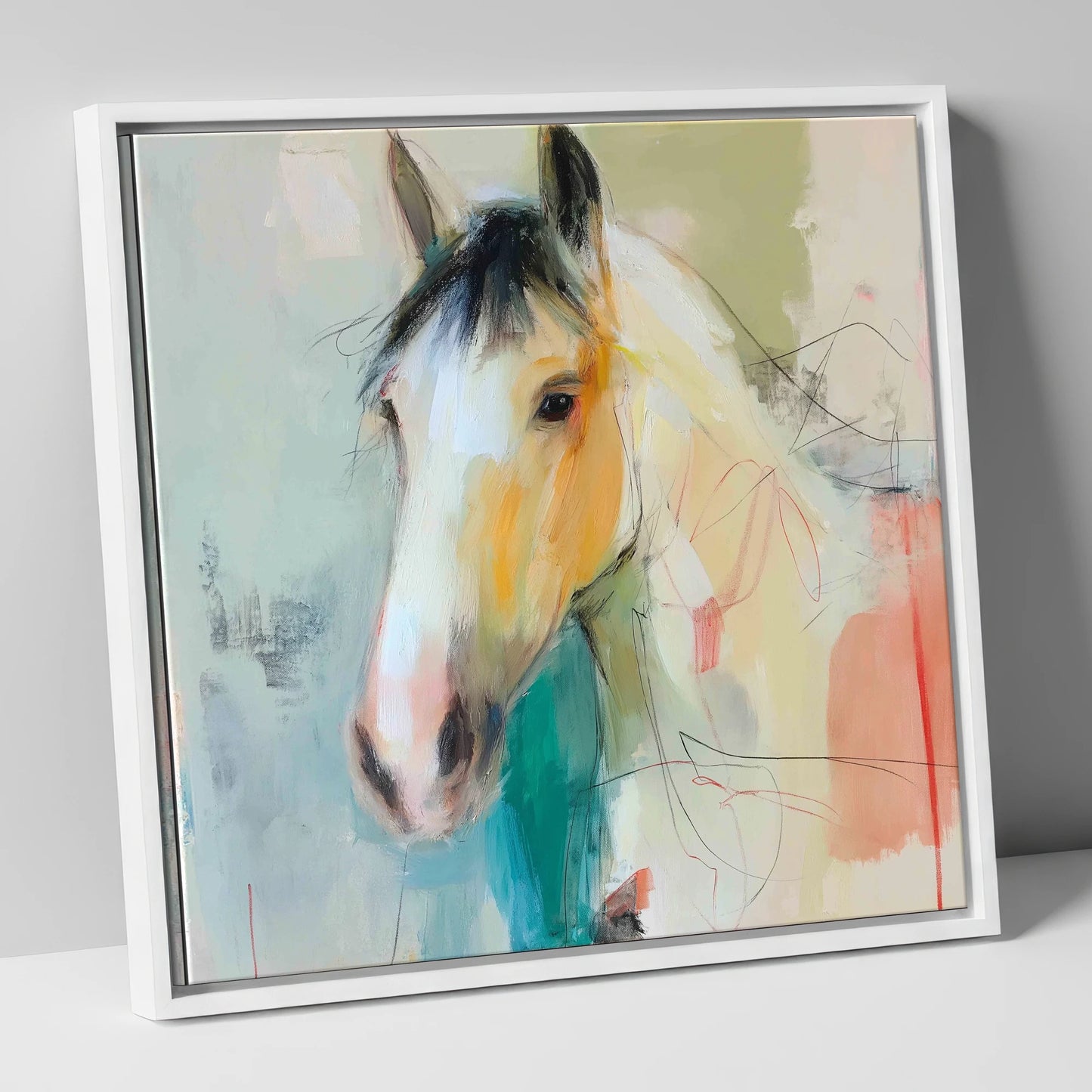 Quiet Grace in Ochre horse portrait canvas wall art in white frame