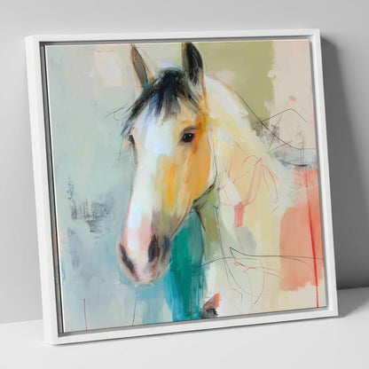 Quiet Grace in Ochre horse portrait canvas wall art in white frame