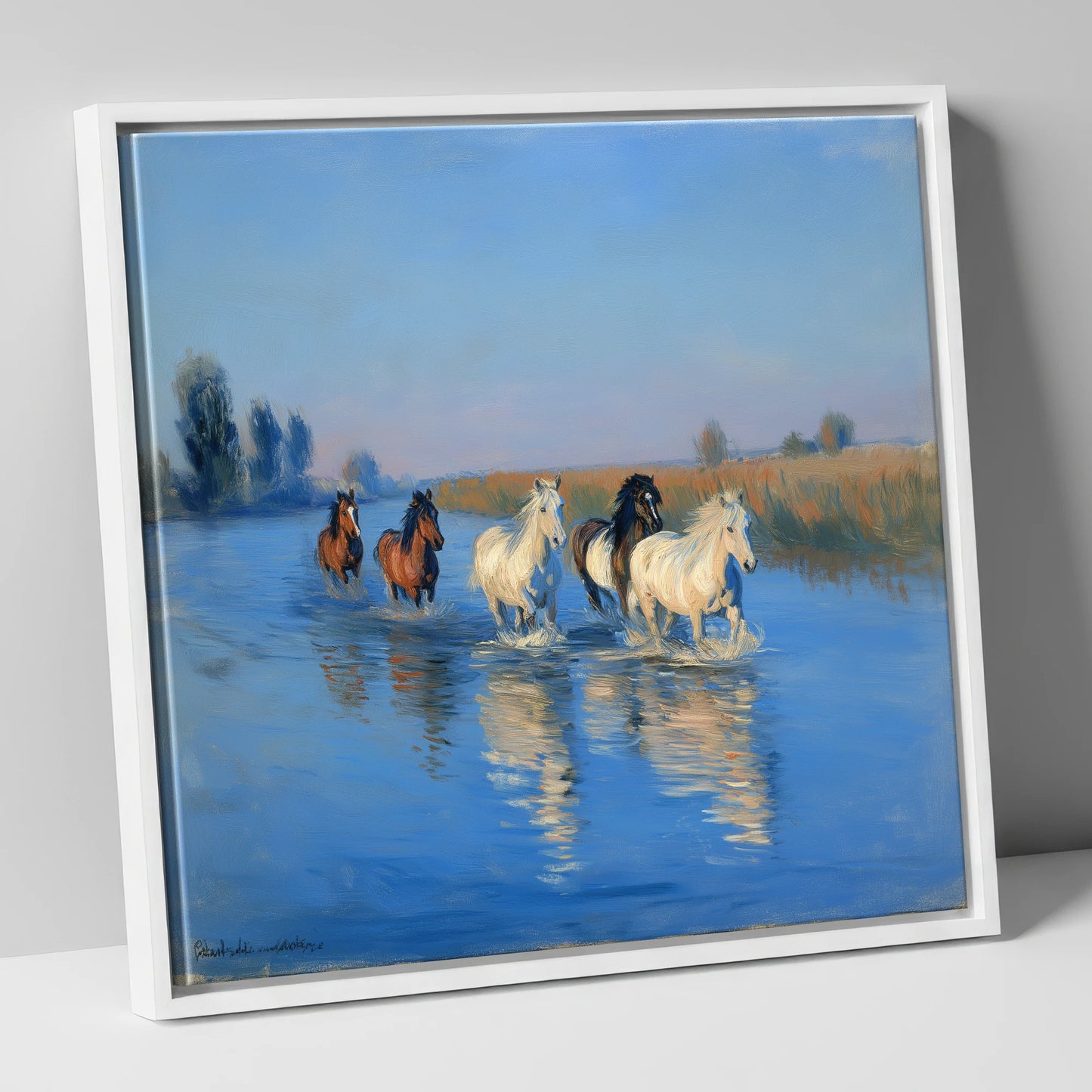 Through the Cerulean Shallows wild horses canvas wall art in white frame
