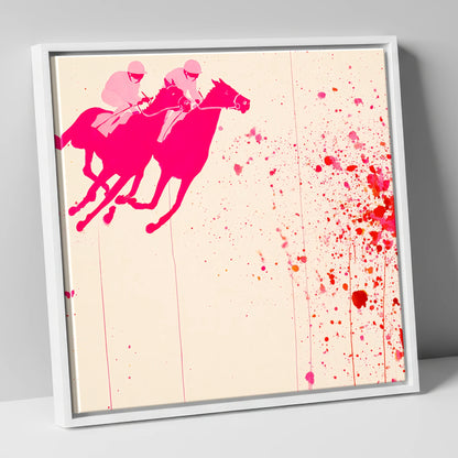 Vibrant Photo Finish racing horse canvas wall art in white frame