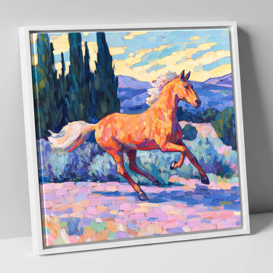 Vibrant Golden Canter horse breed canvas wall art in white frame
