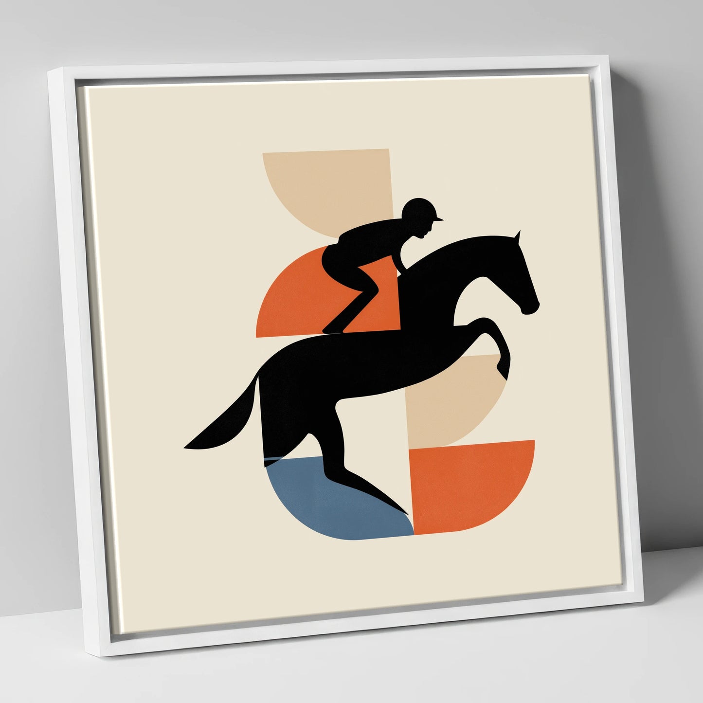 Geometric Steeplechase racing horse canvas wall art in white frame