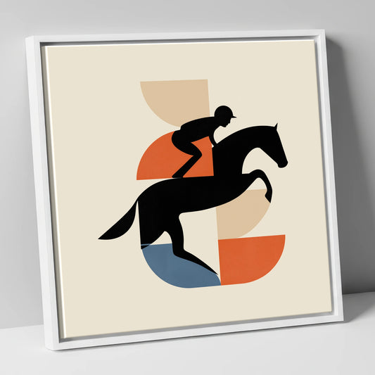 Geometric Steeplechase racing horse canvas wall art in white frame