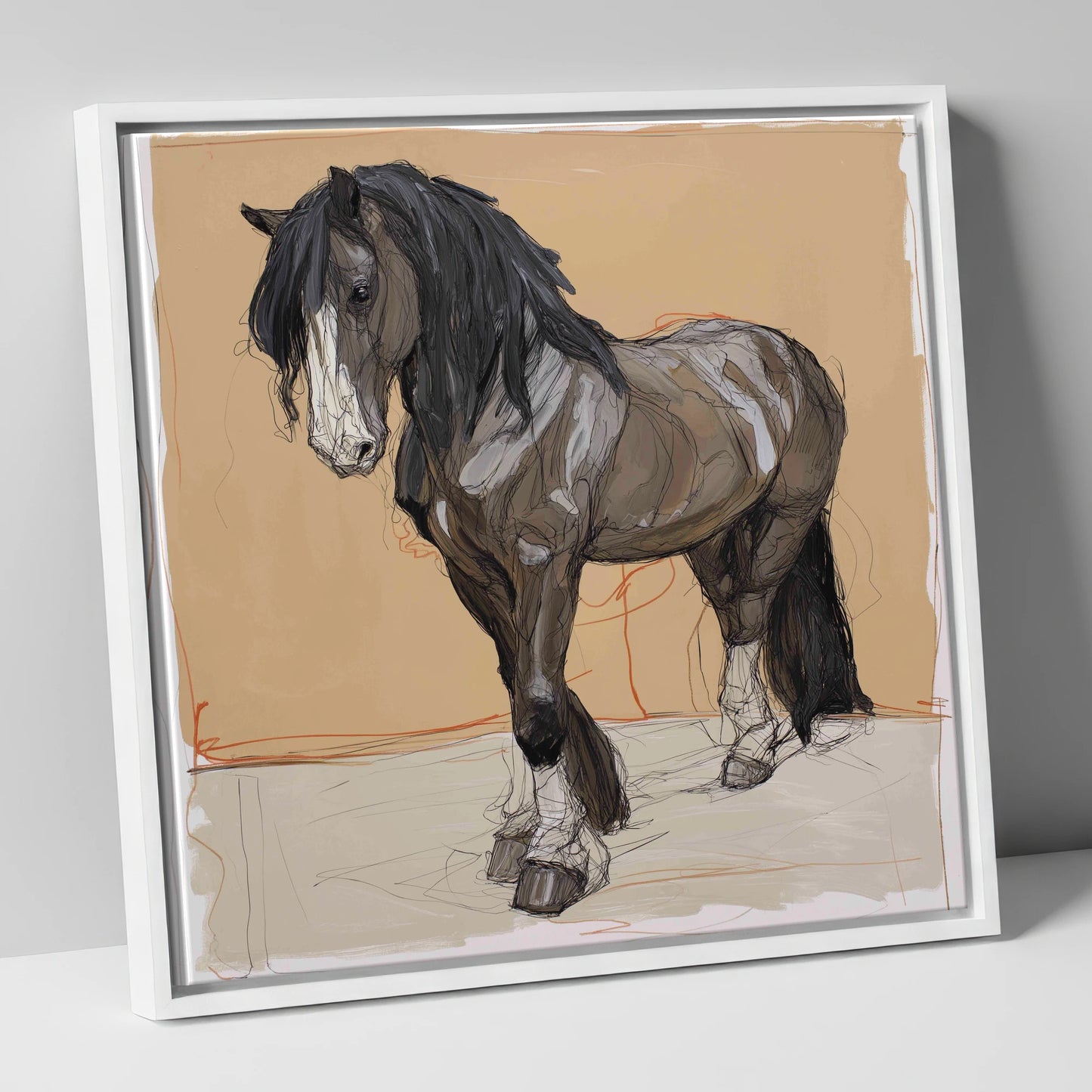 Feathered Strength horse breed canvas wall art in white frame