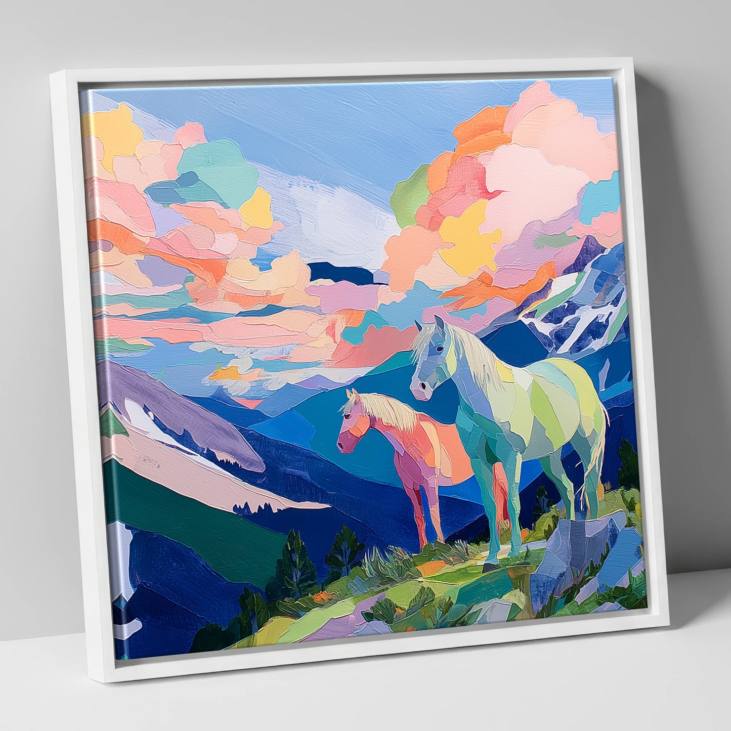 Technicolour Alpine Ridge horse landscape canvas wall art in white frame