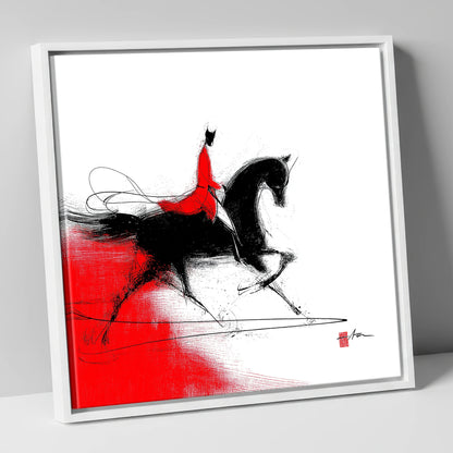 Silhouette in Crimson dressage horse canvas wall art in white frame