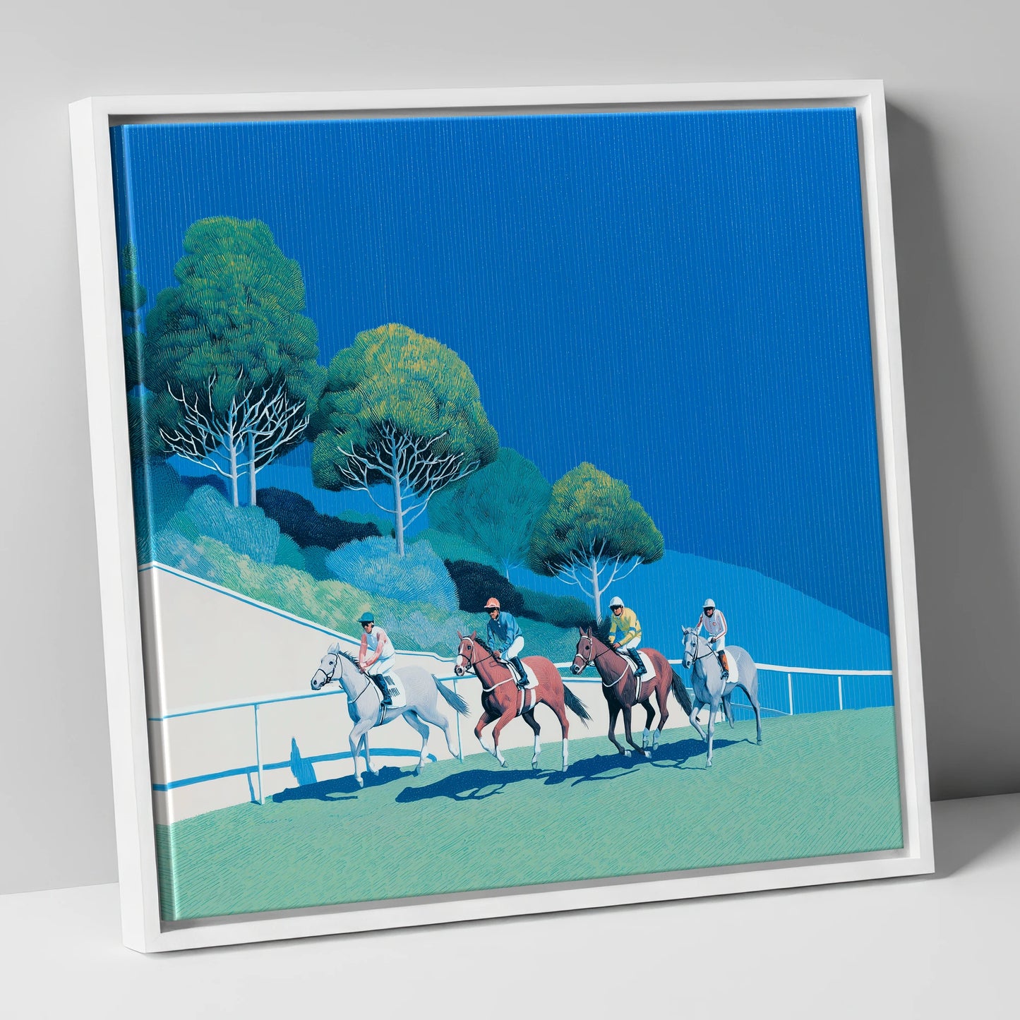 The Cerulean Sprint racing horse canvas wall art in white frame
