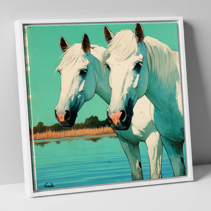 Companions in Teal Waters horse landscape canvas wall art in white frame