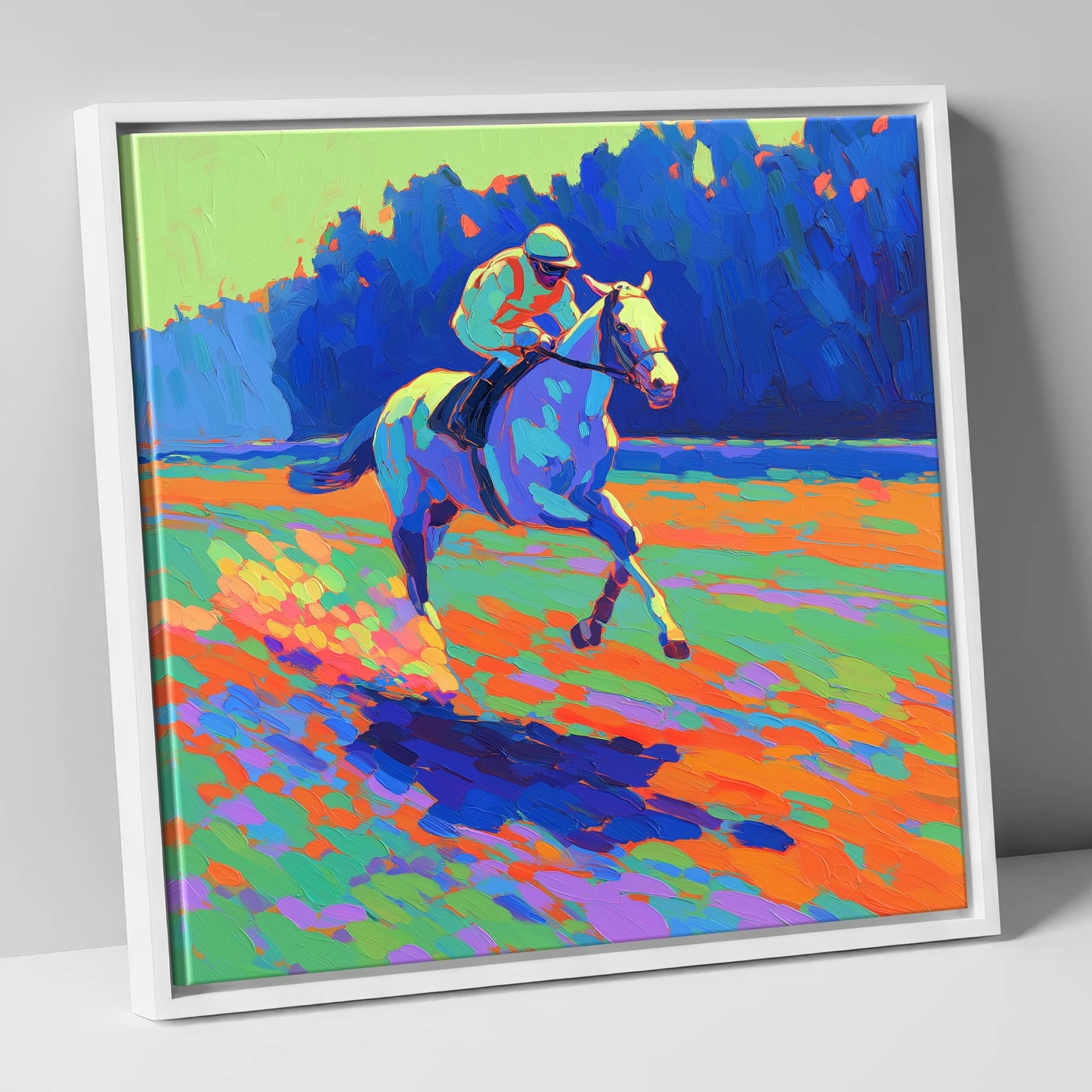 The Vibrant Gallop racing horse canvas wall art in white frame