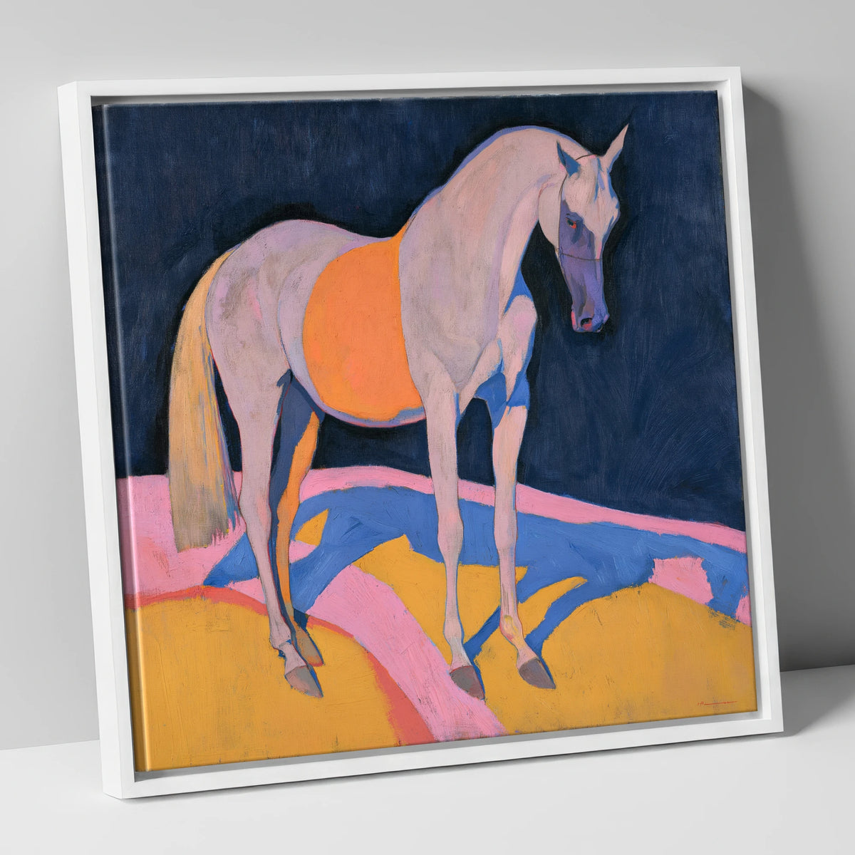Grey Arabian In Bold Colours horse breed canvas wall art in white frame