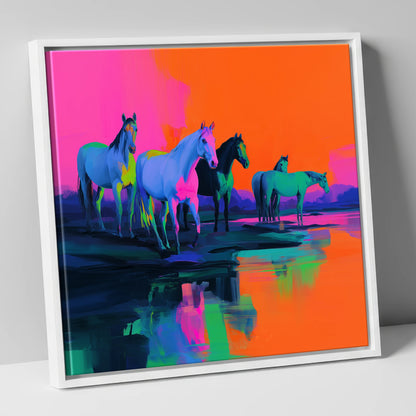 Electric Sunset Herd wild horses canvas wall art in white frame