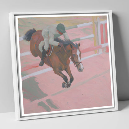 Suspended in Pink show jumping horse canvas wall art in white frame