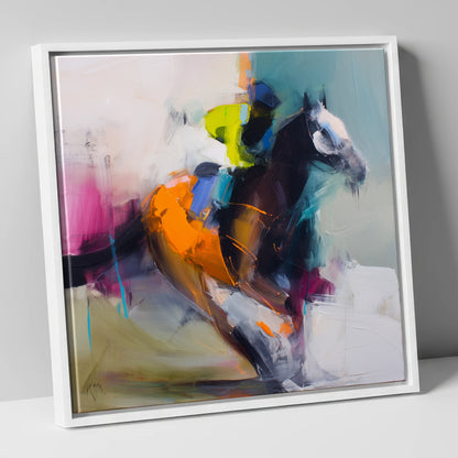 Technicolour Gallop racing horse canvas wall art in white frame
