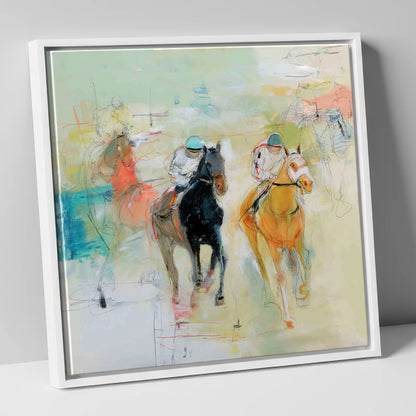 Thundering Strides racing horse canvas wall art in white frame