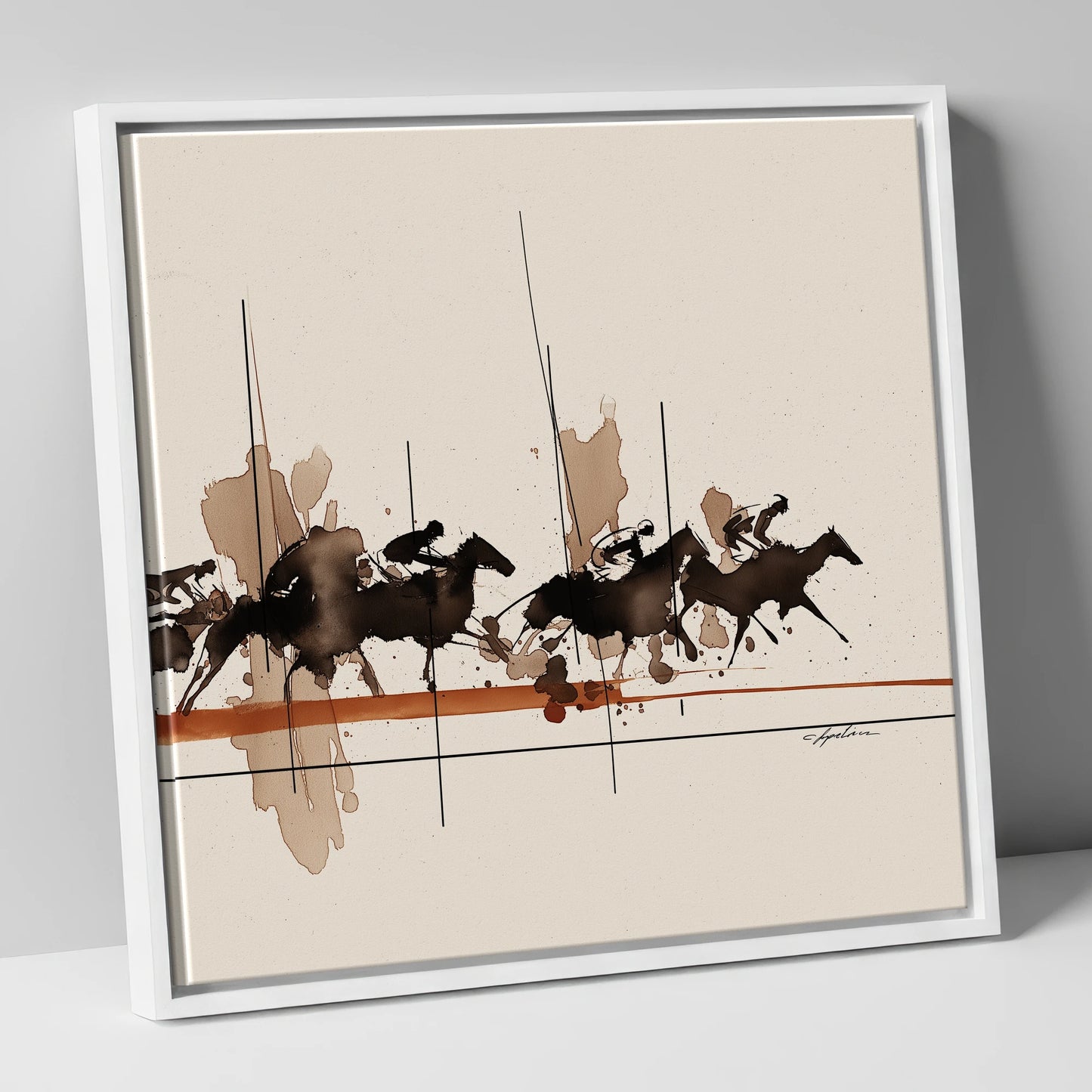 Surge to the Wire racing horse canvas wall art in white frame