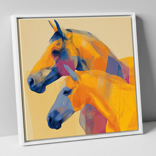 Vibrant Equine Profiles horse landscape canvas wall art in white frame